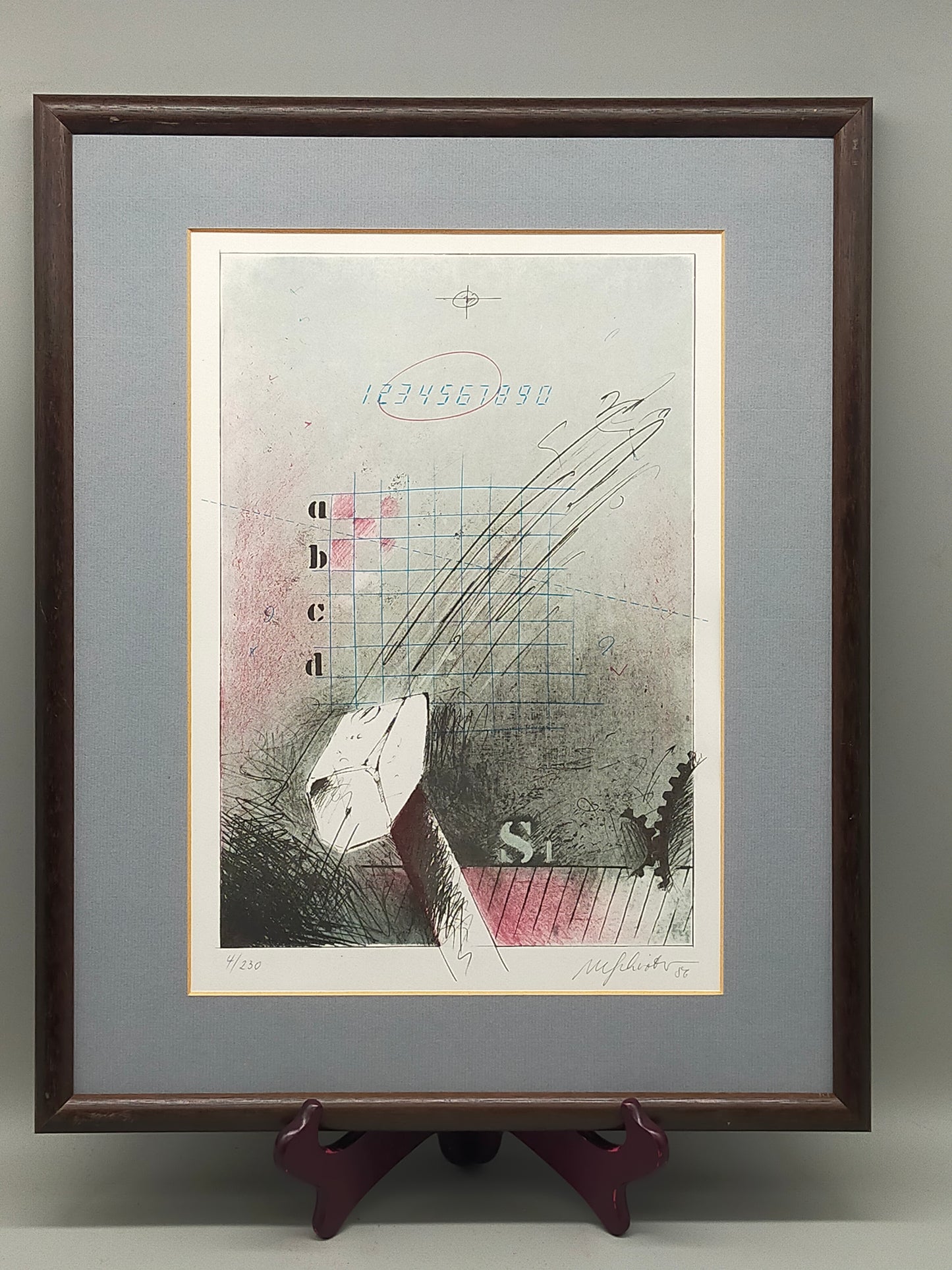 Abstrakte Kunst Grafik - Signierte Lithografie im Holzrahmen
