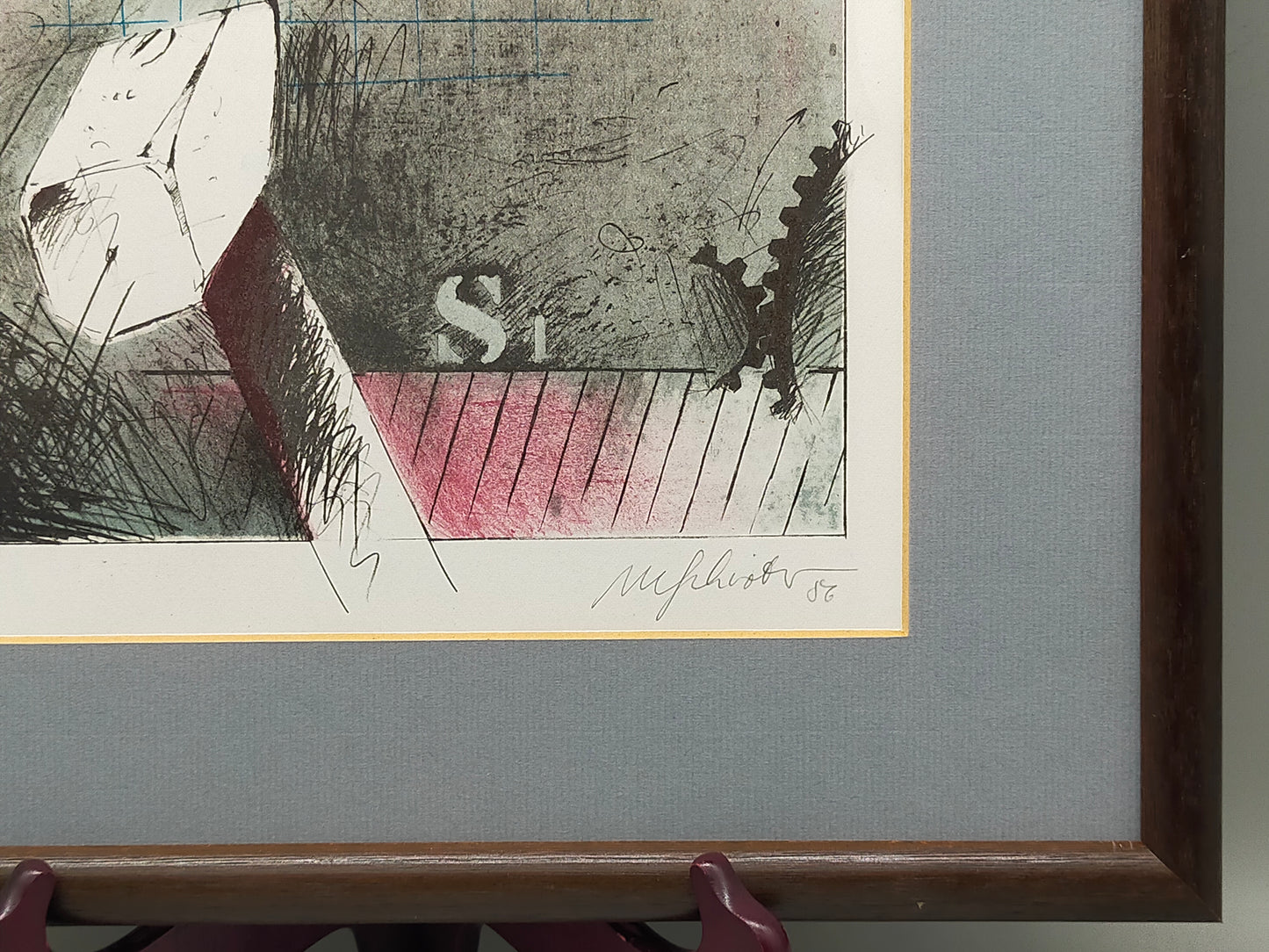 Abstrakte Kunst Grafik - Signierte Lithografie im Holzrahmen