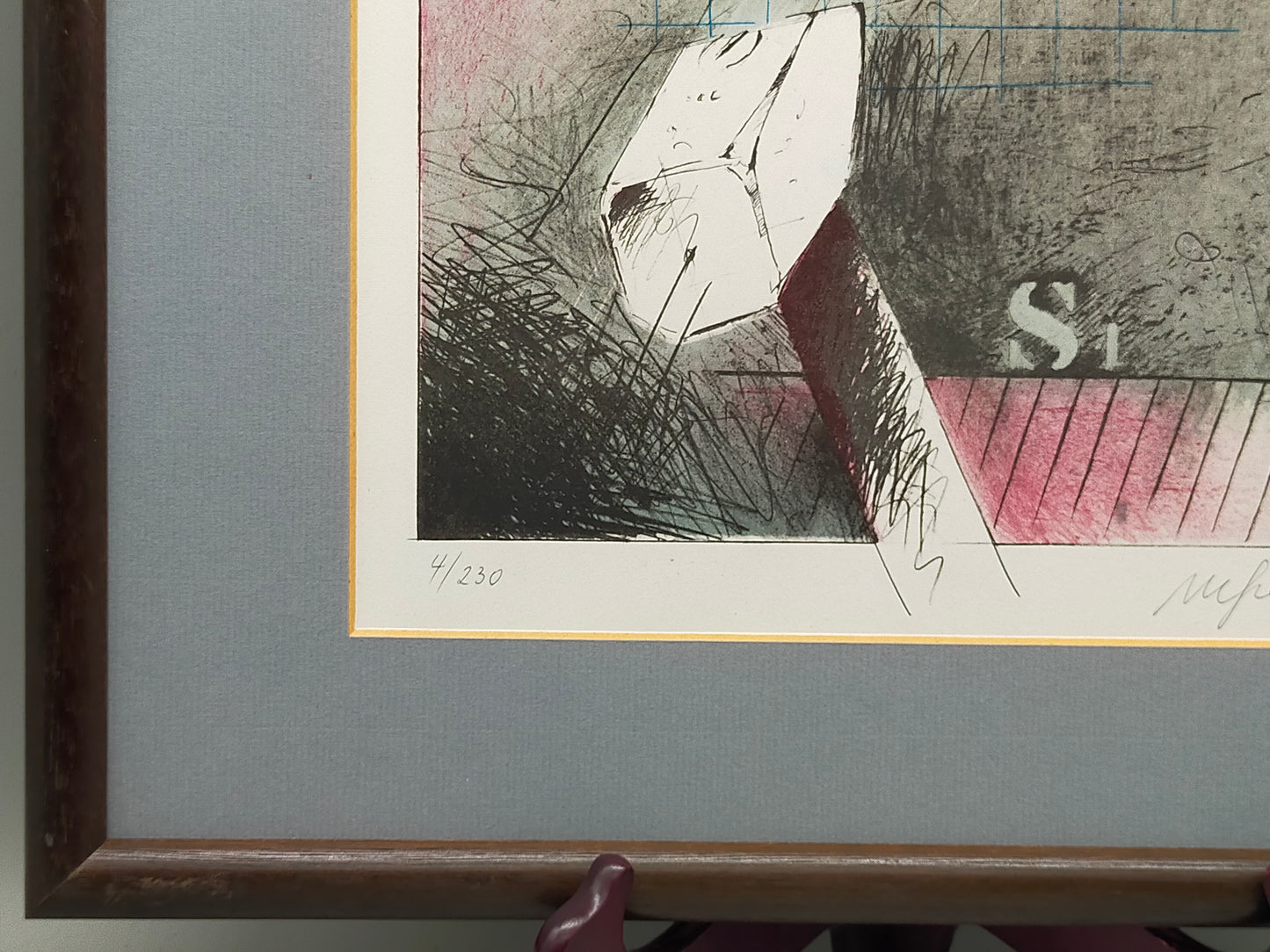 Abstrakte Kunst Grafik - Signierte Lithografie im Holzrahmen