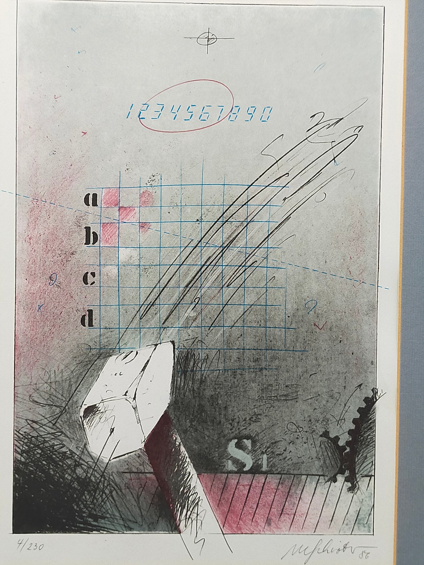 Abstrakte Kunst Grafik - Signierte Lithografie im Holzrahmen