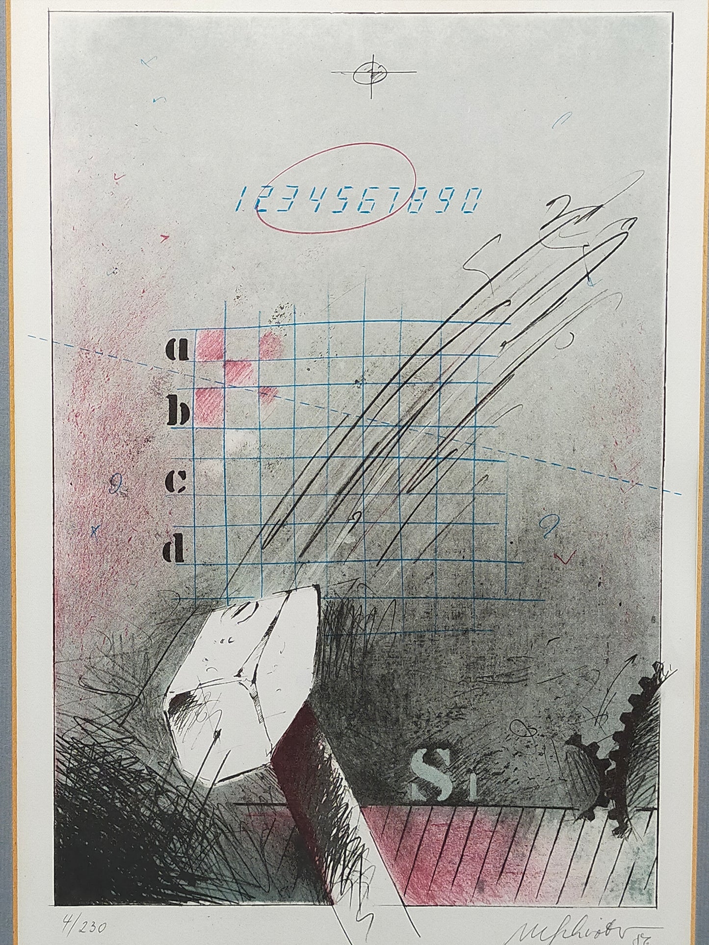 Abstrakte Kunst Grafik - Signierte Lithografie im Holzrahmen