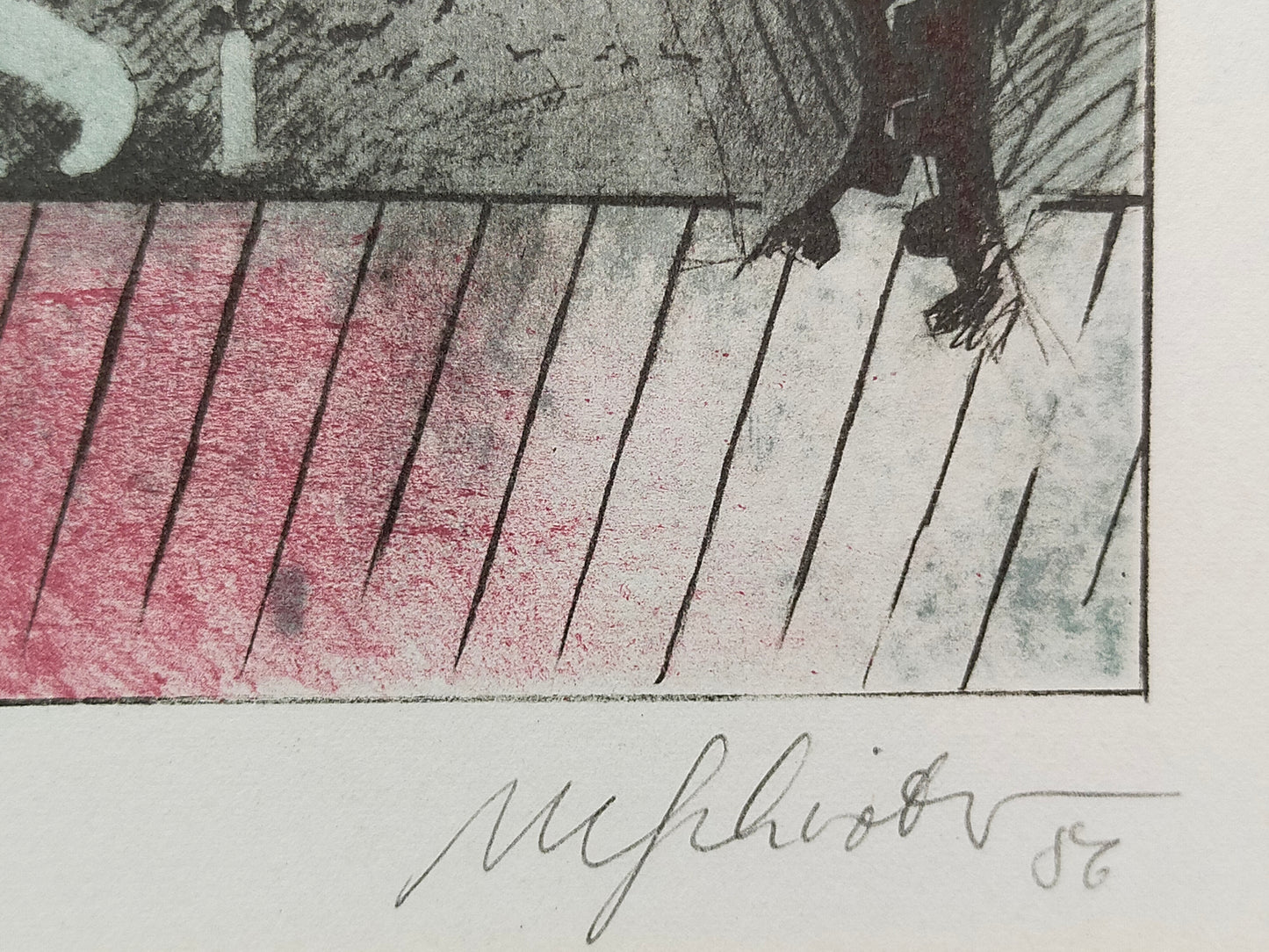 Abstrakte Kunst Grafik - Signierte Lithografie im Holzrahmen