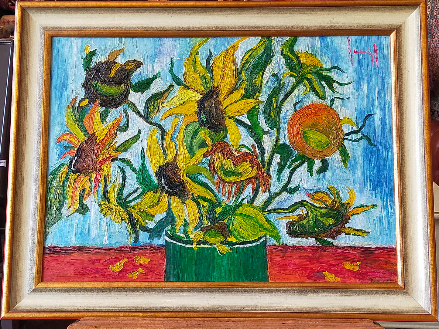 Expressives Sonnenblumen Ölgemälde – Impasto Stil im Goldrahmen