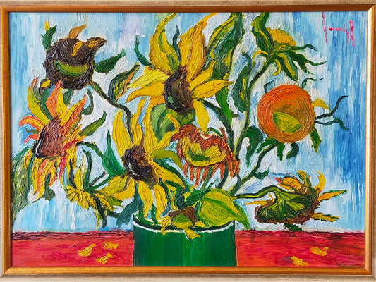 Expressives Sonnenblumen Ölgemälde – Impasto Stil im Goldrahmen