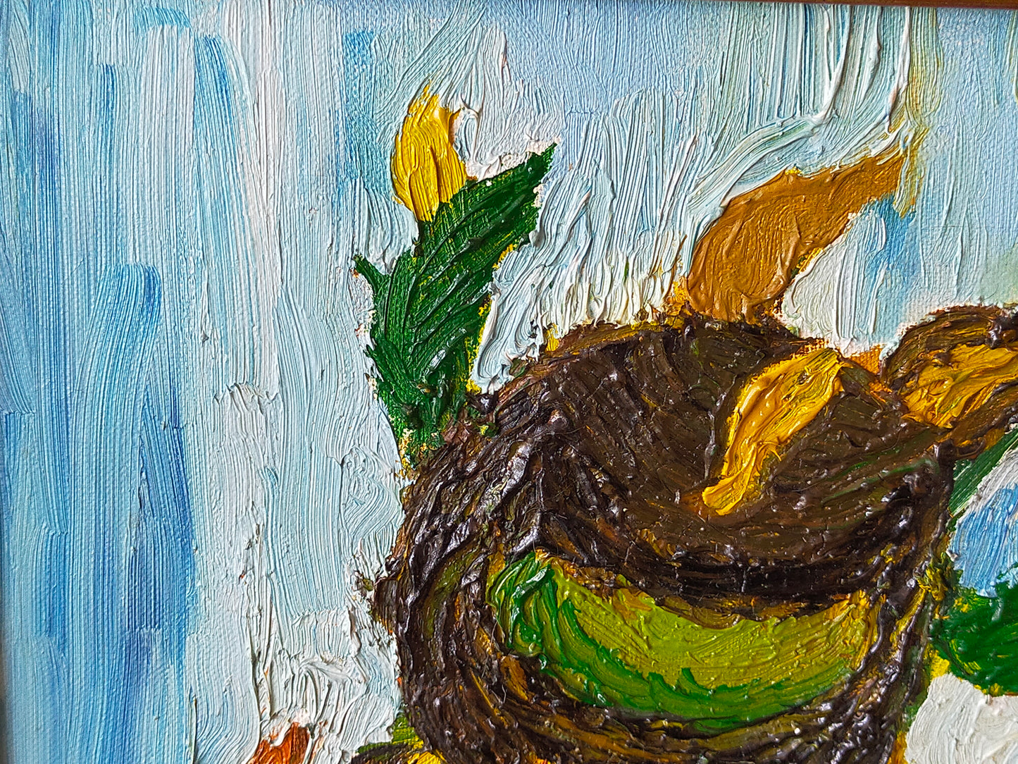 Expressives Sonnenblumen Ölgemälde – Impasto Stil im Goldrahmen