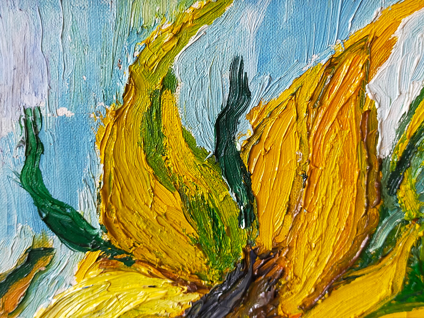 Expressives Sonnenblumen Ölgemälde – Impasto Stil im Goldrahmen