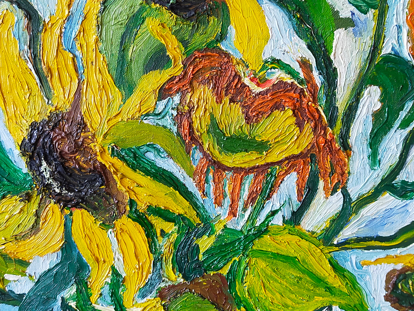 Expressives Sonnenblumen Ölgemälde – Impasto Stil im Goldrahmen