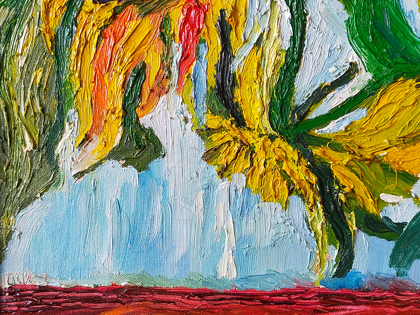 Expressives Sonnenblumen Ölgemälde – Impasto Stil im Goldrahmen
