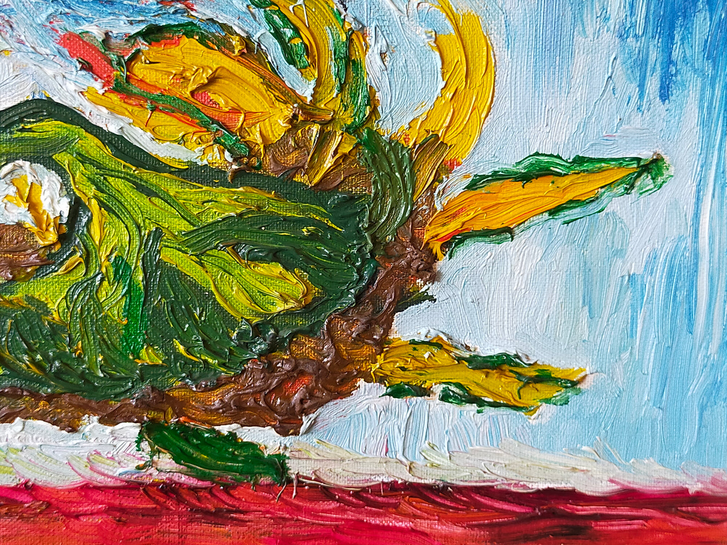 Expressives Sonnenblumen Ölgemälde – Impasto Stil im Goldrahmen