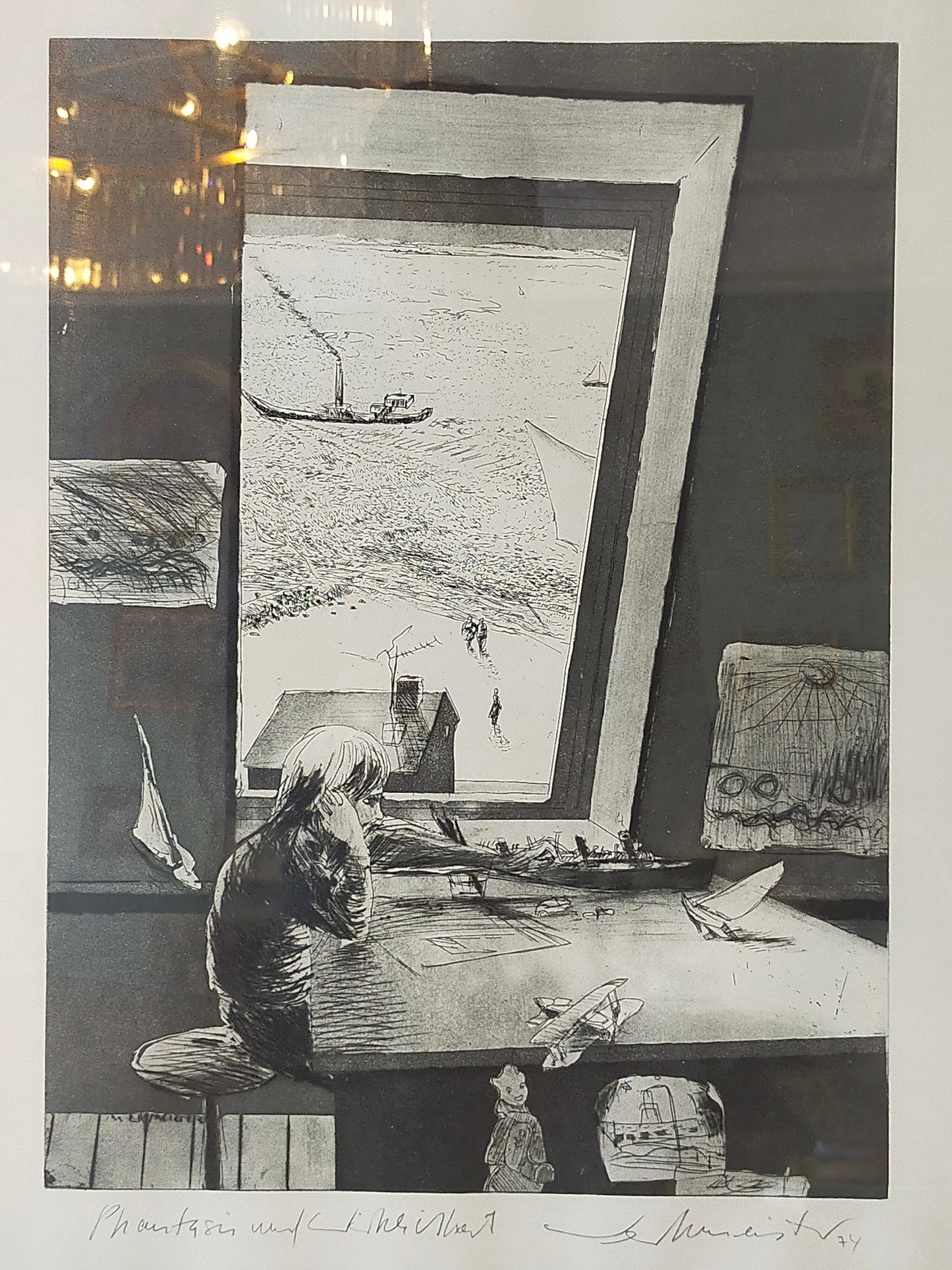 Original Grafik "Phantasie und Wirklichkeit" – Signiert von G. Meister '74