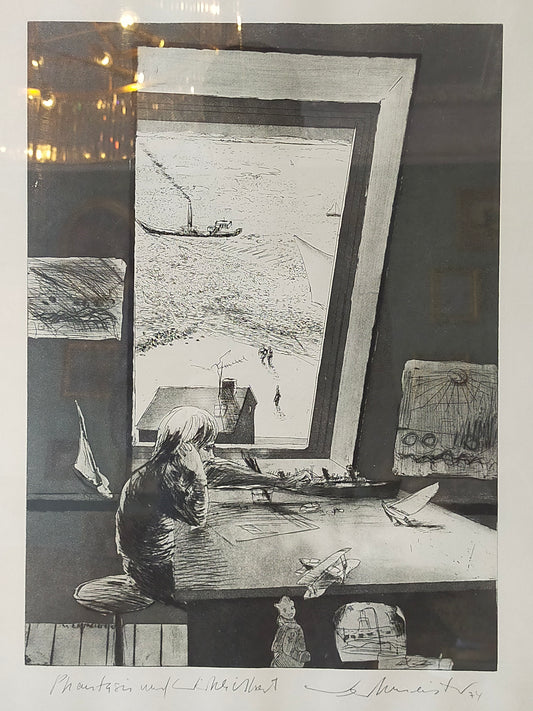 Original Grafik "Phantasie und Wirklichkeit" – Signiert von G. Meister '74
