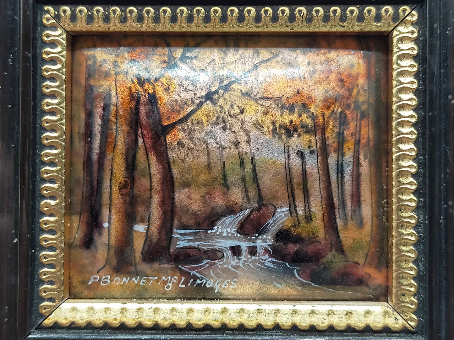 Limoges Emaille Kunst von Pierre Bonnet – Miniatur Herbstlandschaft
