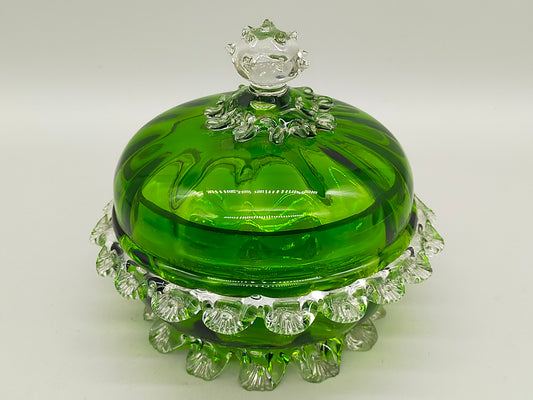 Antike Murano Glas Dose – Grünes Kunstglas mit klaren Applikationen