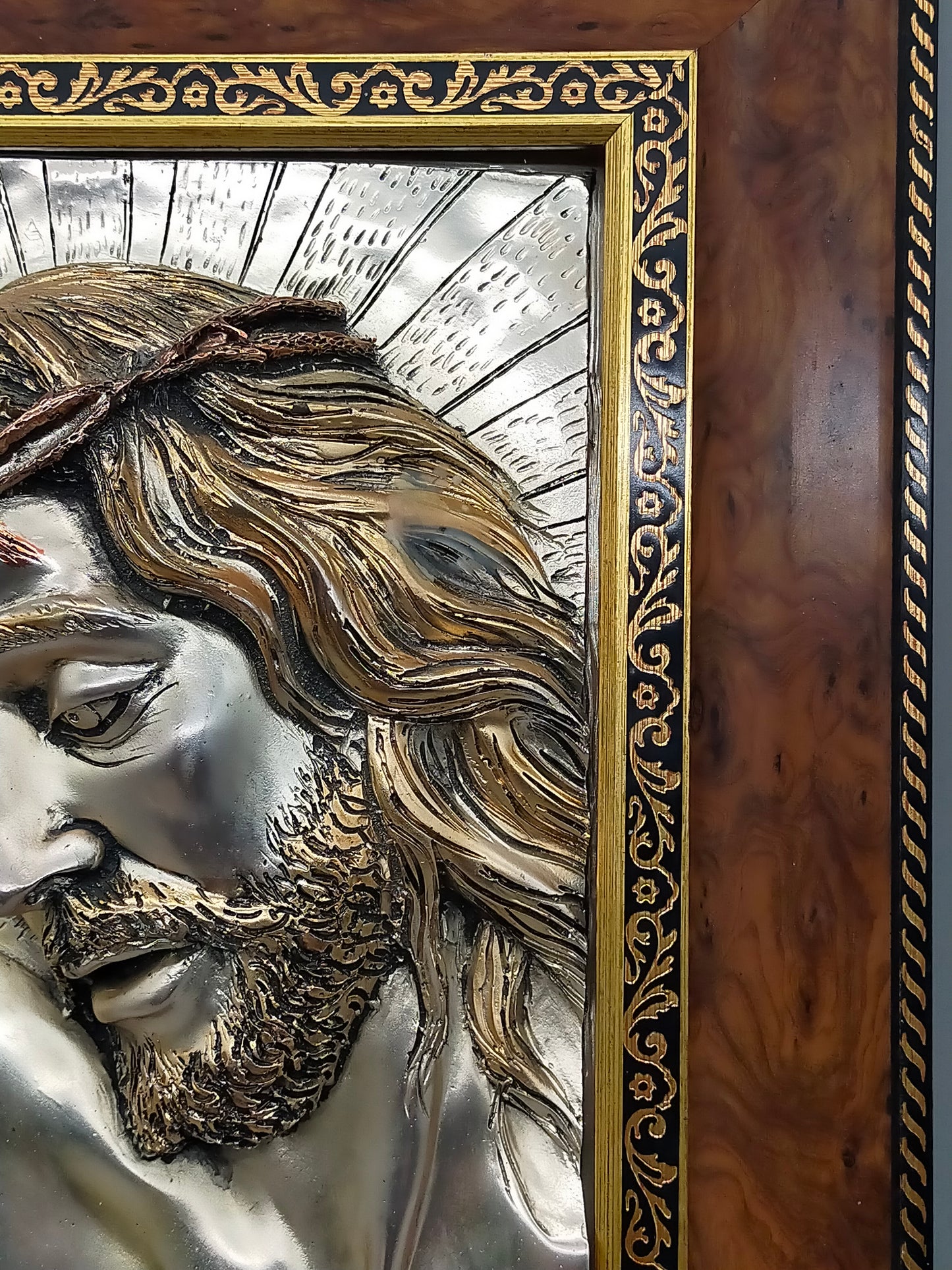 Edles Jesus Relief aus 925 Silber – Kunstvolles Wandbild im Holzrahmen
