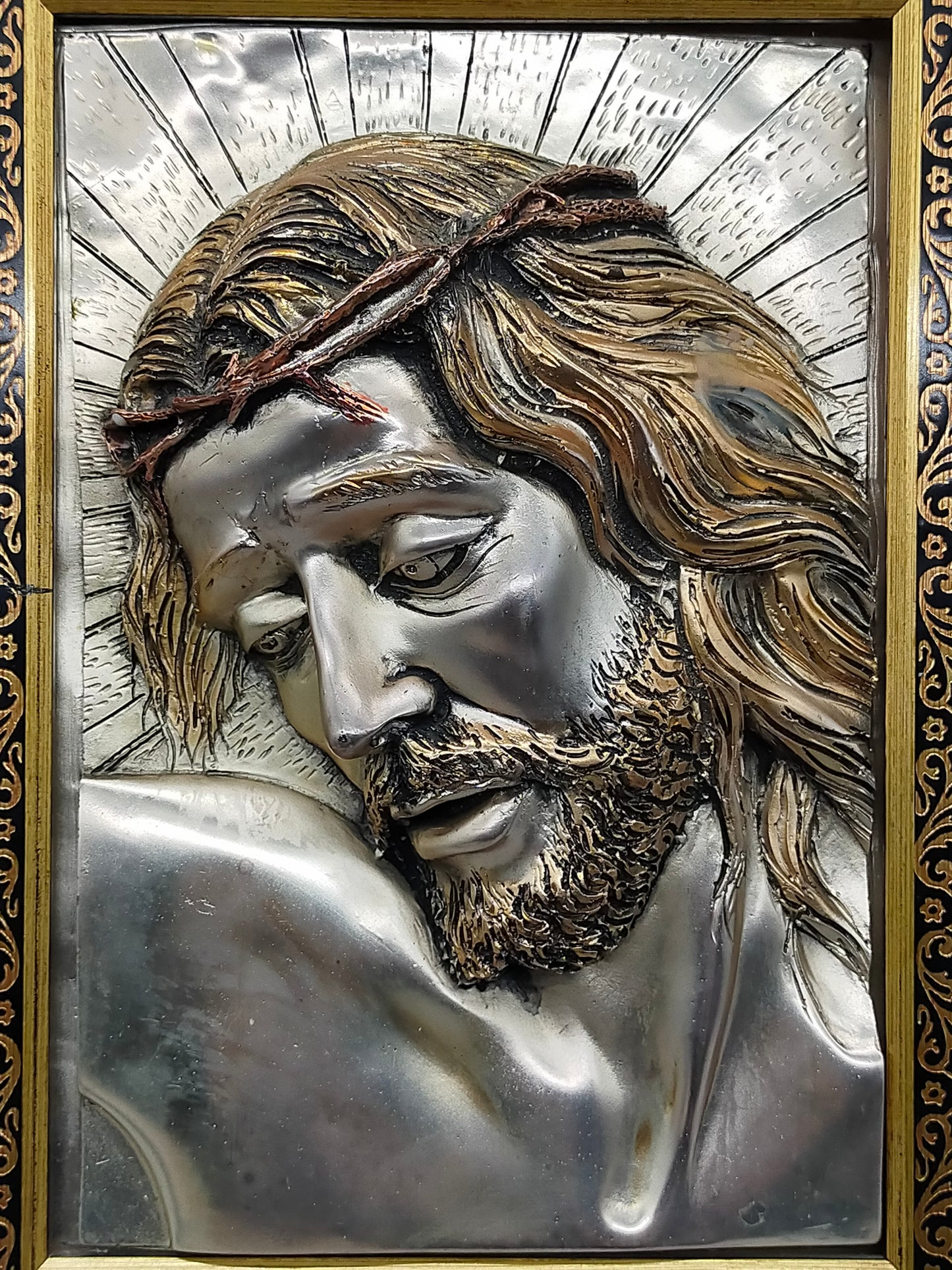 Edles Jesus Relief aus 925 Silber – Kunstvolles Wandbild im Holzrahmen