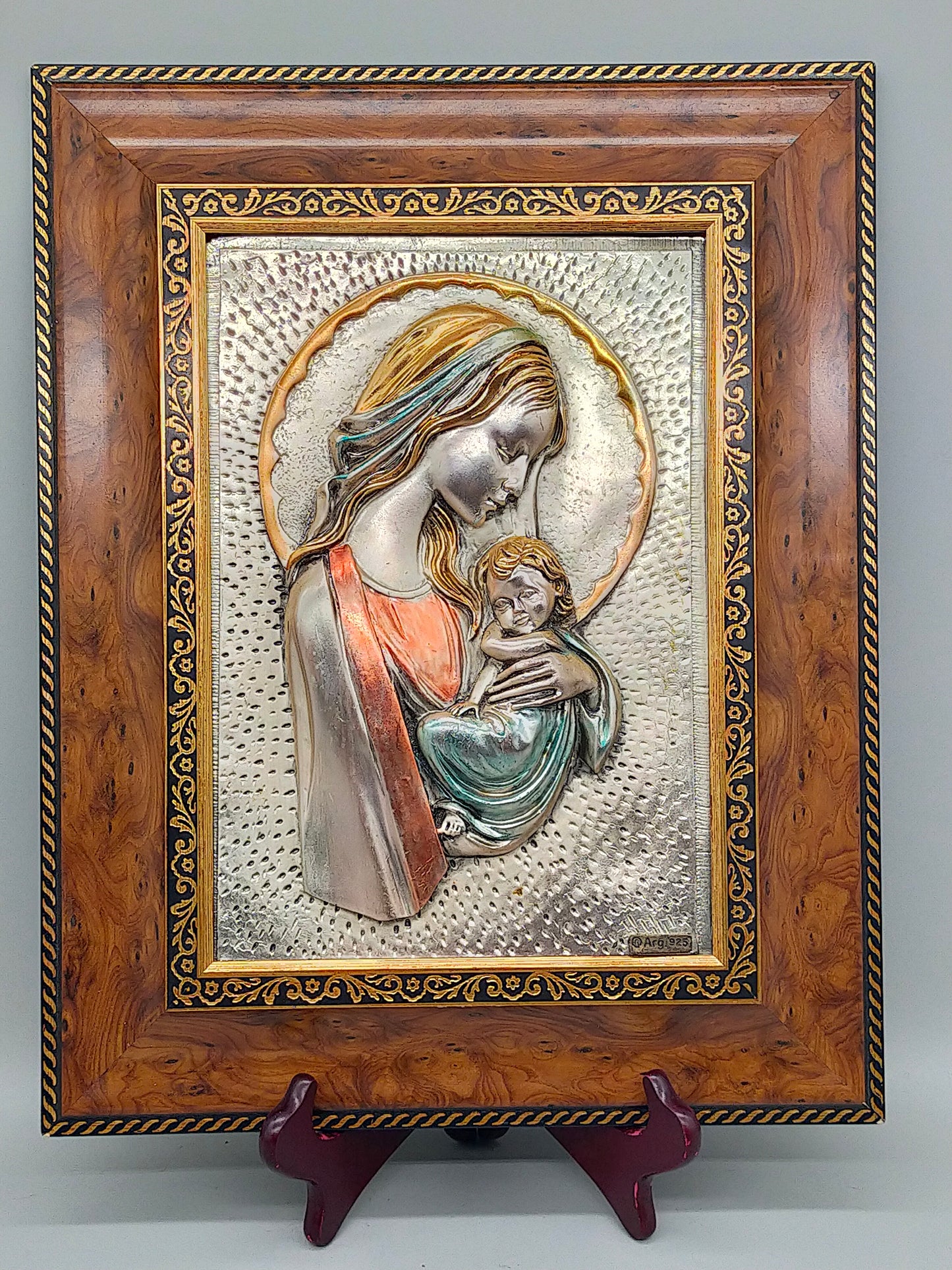 Exklusives 925er Silberrelief Madonna mit Kind – Edler Holzrahmen