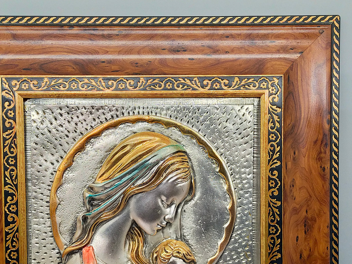 Exklusives 925er Silberrelief Madonna mit Kind – Edler Holzrahmen