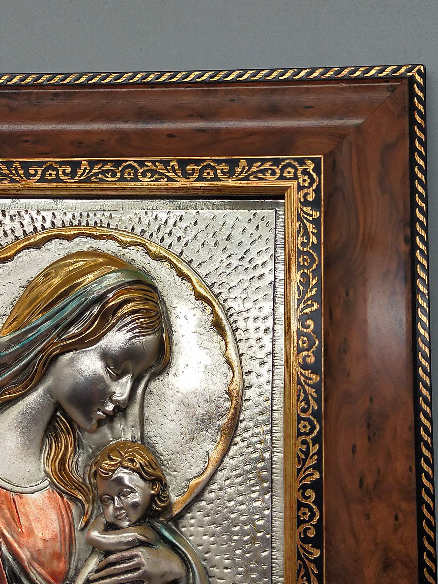 Exklusives 925er Silberrelief Madonna mit Kind – Edler Holzrahmen