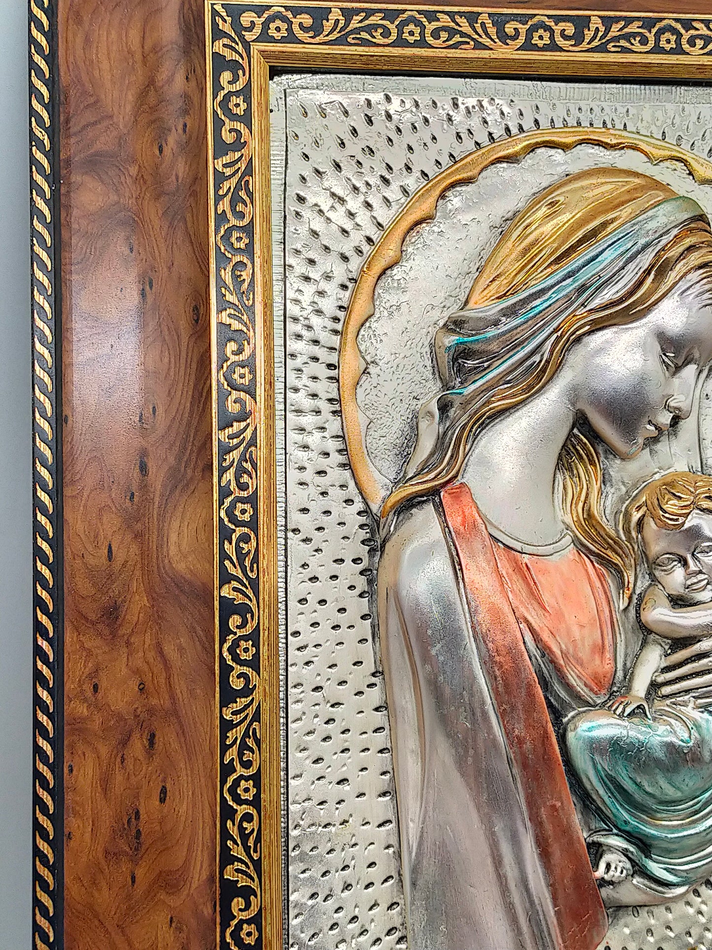 Exklusives 925er Silberrelief Madonna mit Kind – Edler Holzrahmen