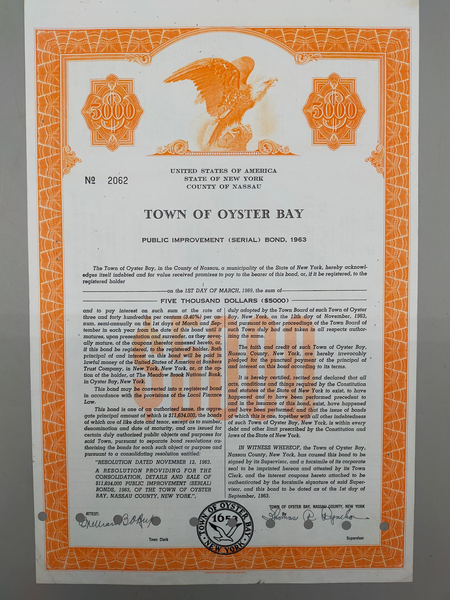 Historische Anleihe Town of Oyster Bay 1963 5K Dollar New York