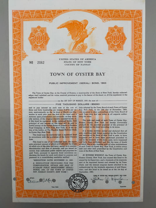 Historische Anleihe Town of Oyster Bay 1963 5K Dollar New York