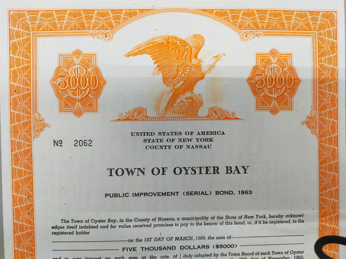 Historische Anleihe Town of Oyster Bay 1963 5K Dollar New York