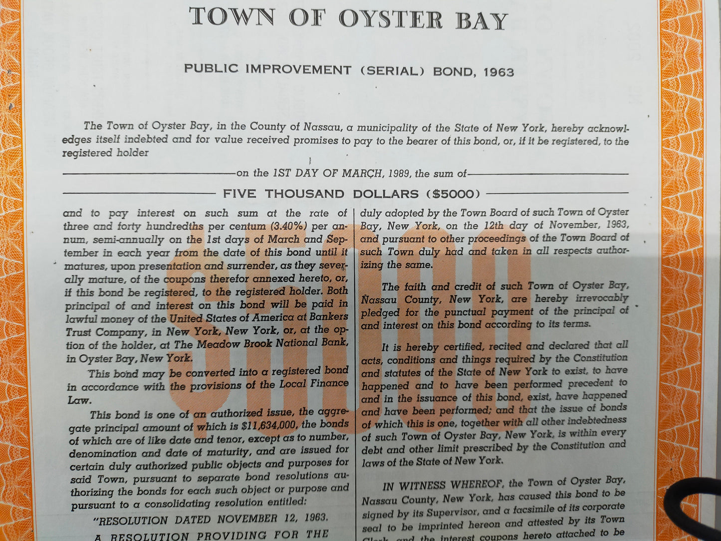Historische Anleihe Town of Oyster Bay 1963 5K Dollar New York