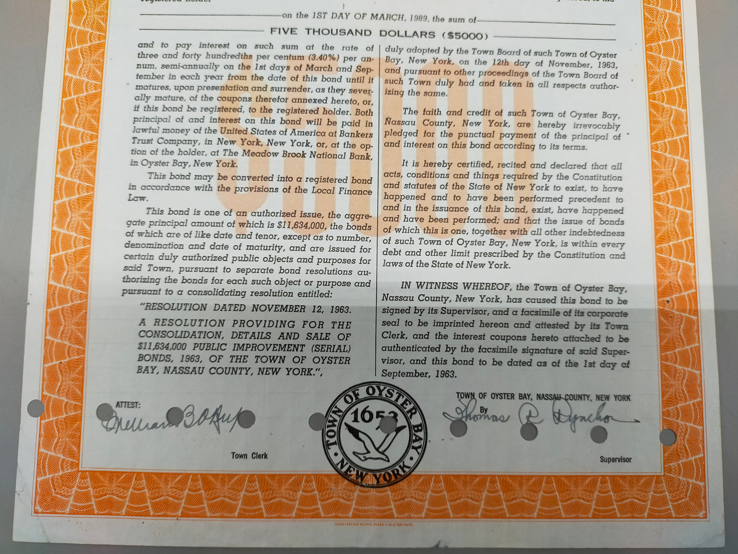 Historische Anleihe Town of Oyster Bay 1963 5K Dollar New York