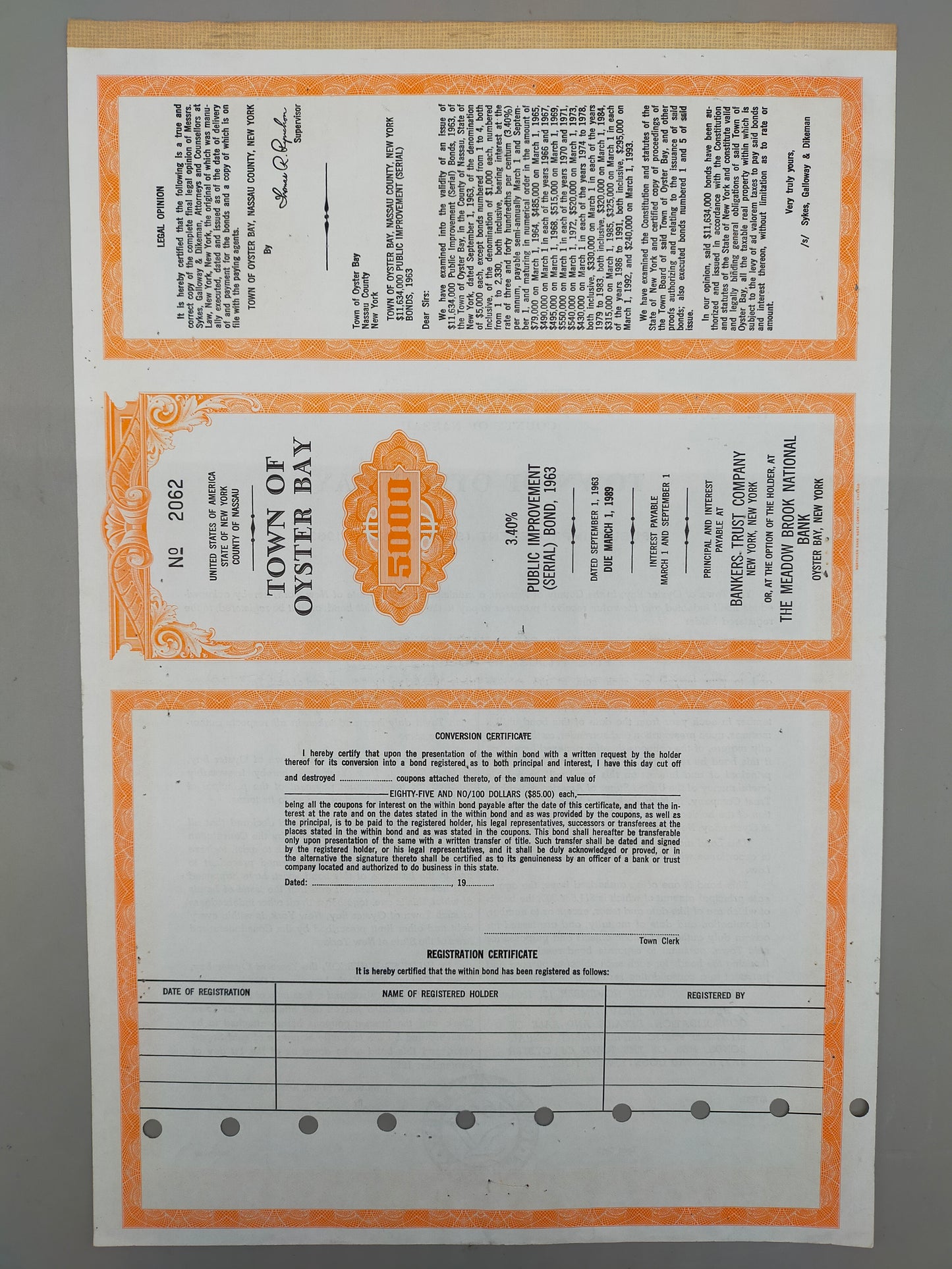 Historische Anleihe Town of Oyster Bay 1963 5K Dollar New York