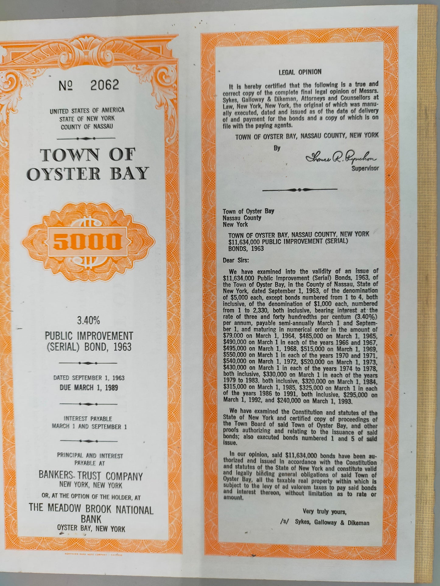 Historische Anleihe Town of Oyster Bay 1963 5K Dollar New York