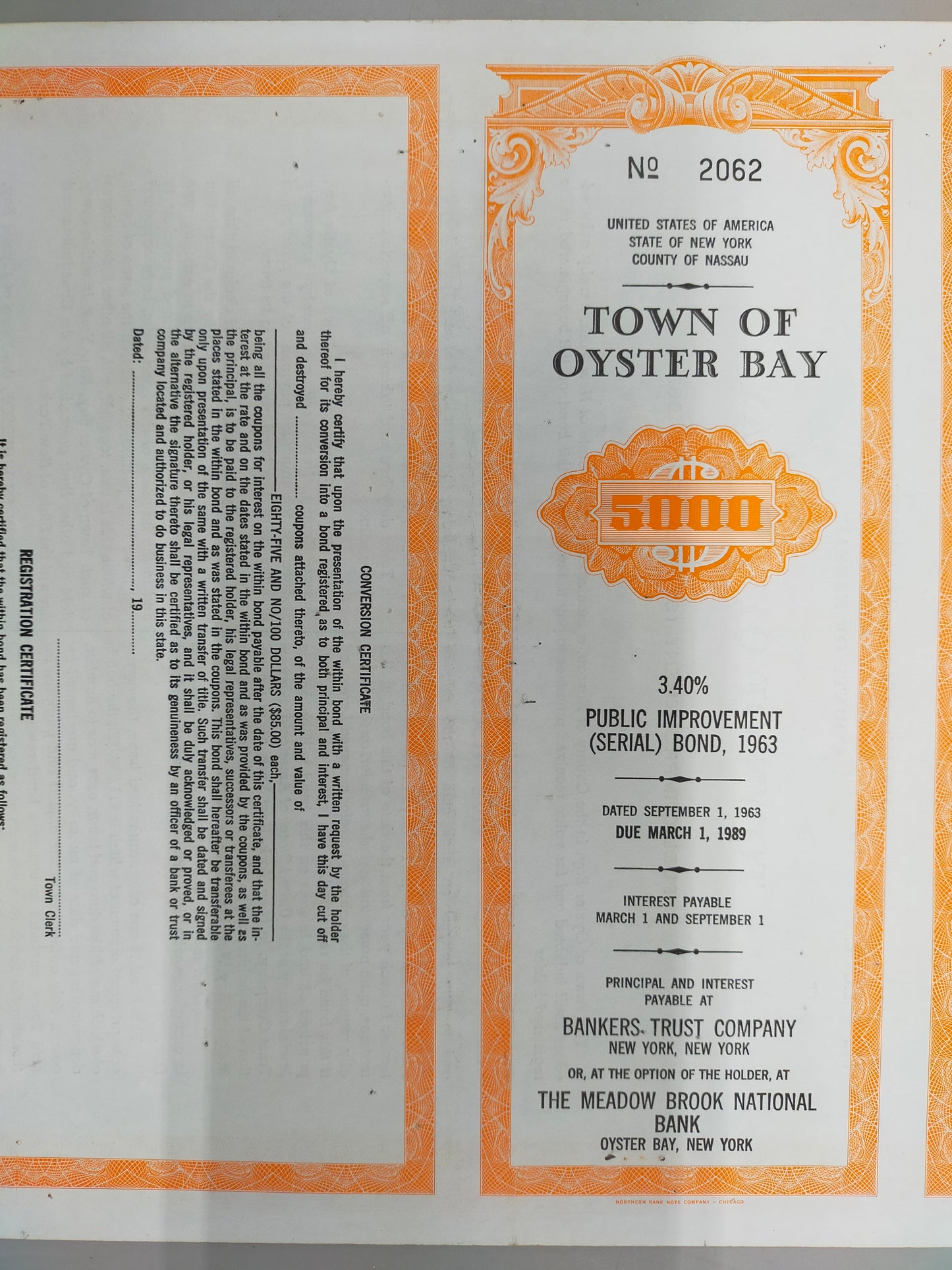Historische Anleihe Town of Oyster Bay 1963 5K Dollar New York