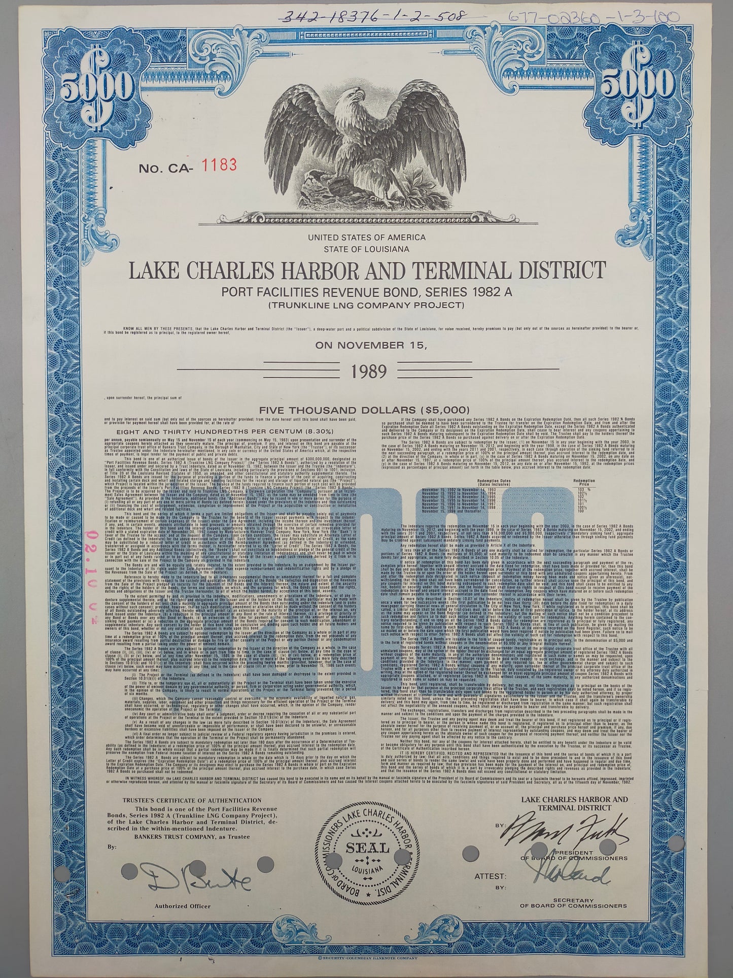 Historische US Anleihe Lake Charles Harbor 1982 Sammlerstück