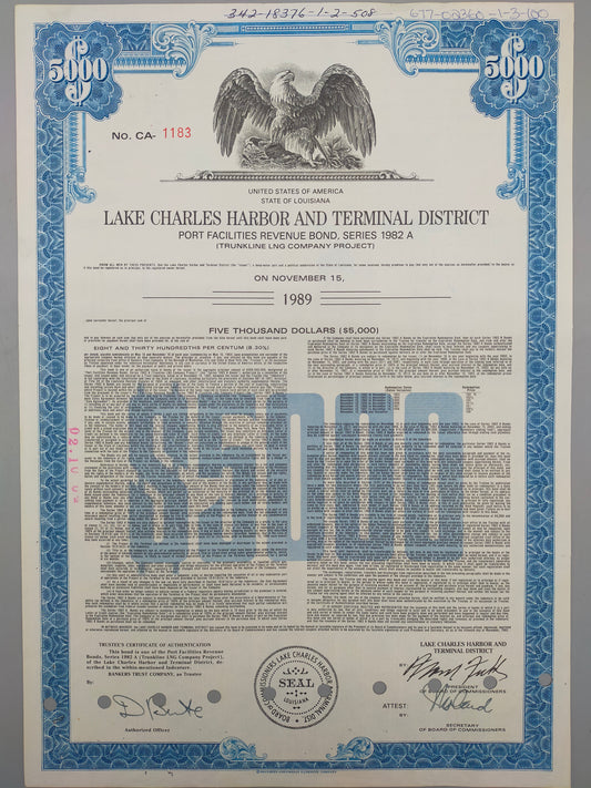 Historische US Anleihe Lake Charles Harbor 1982 Sammlerstück