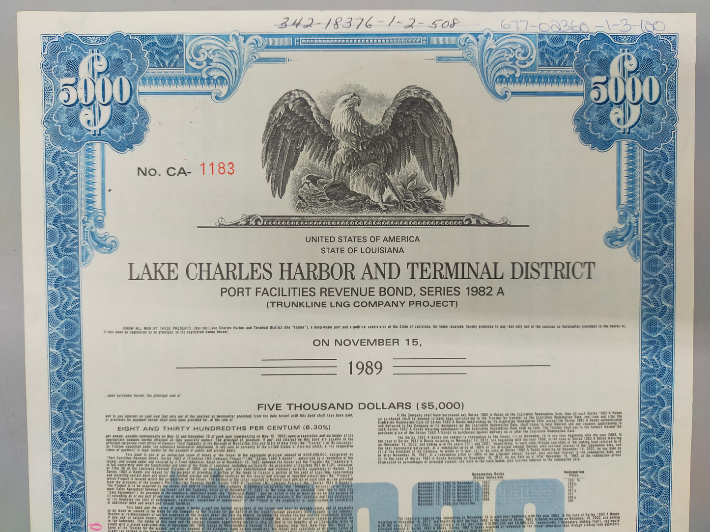 Historische US Anleihe Lake Charles Harbor 1982 Sammlerstück
