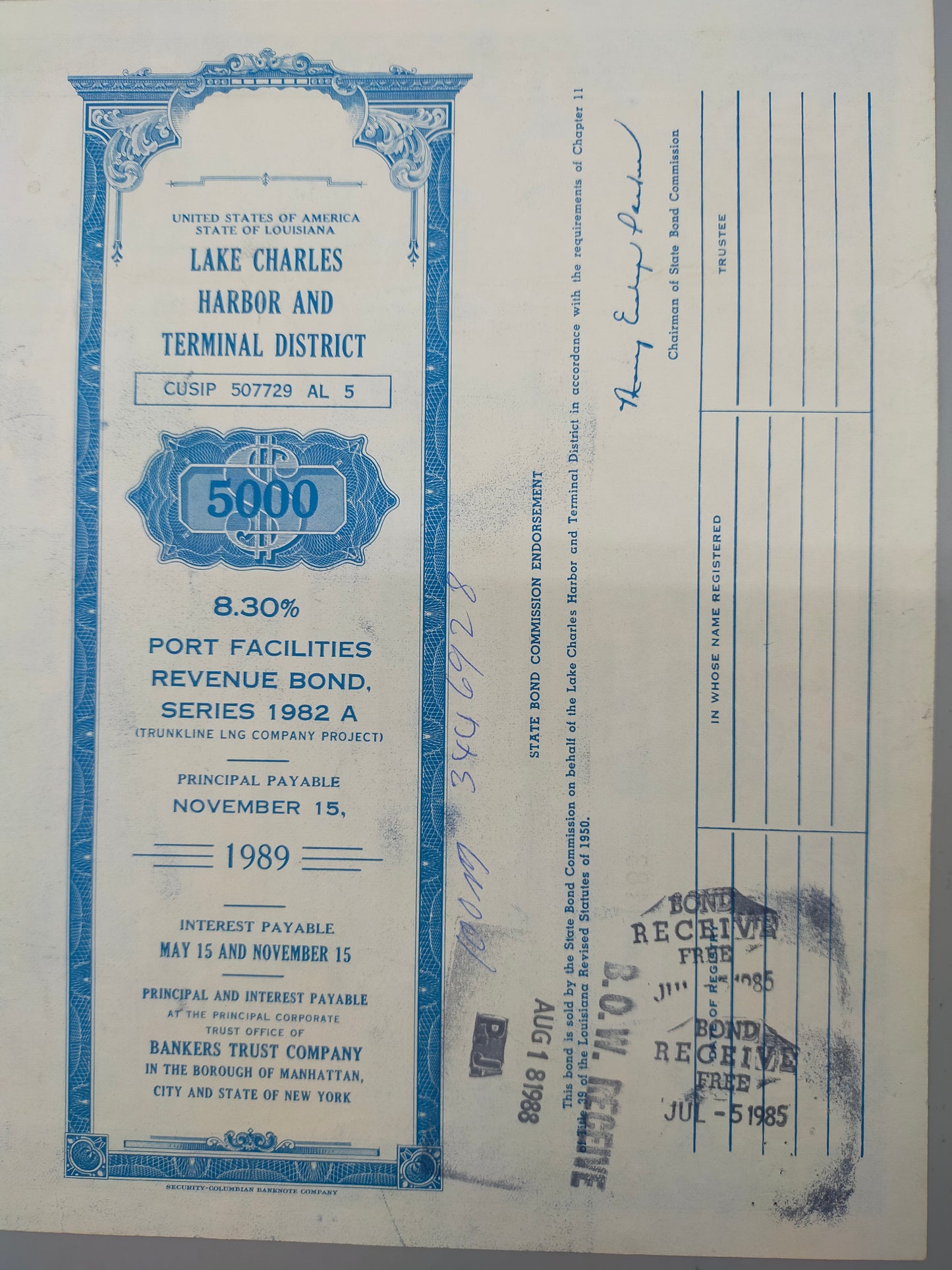 Historische US Anleihe Lake Charles Harbor 1982 Sammlerstück