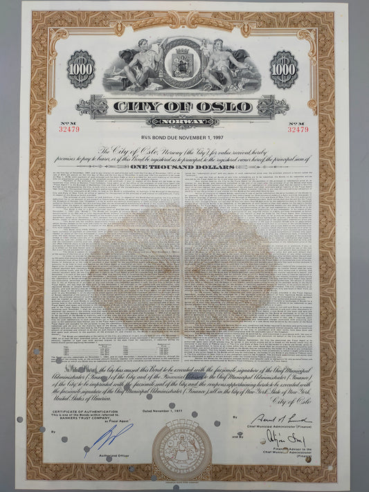 Historische Anleihe City of Oslo 1977 1K$ Bond Norwegen Scripophily