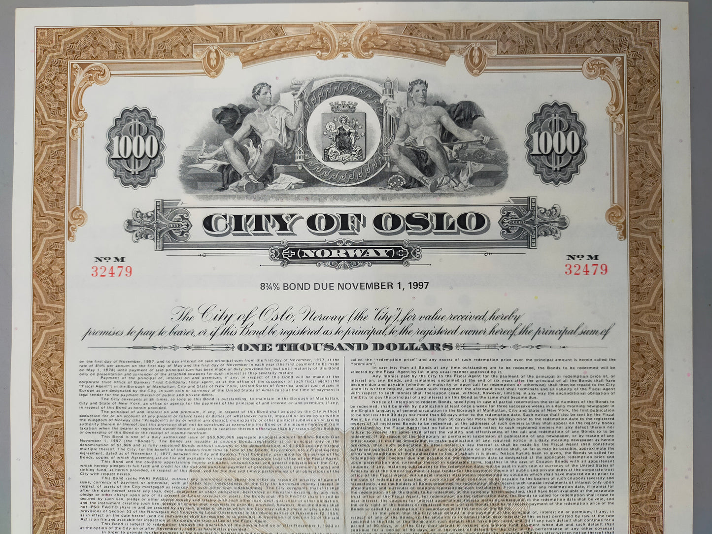 Historische Anleihe City of Oslo 1977 1K$ Bond Norwegen Scripophily