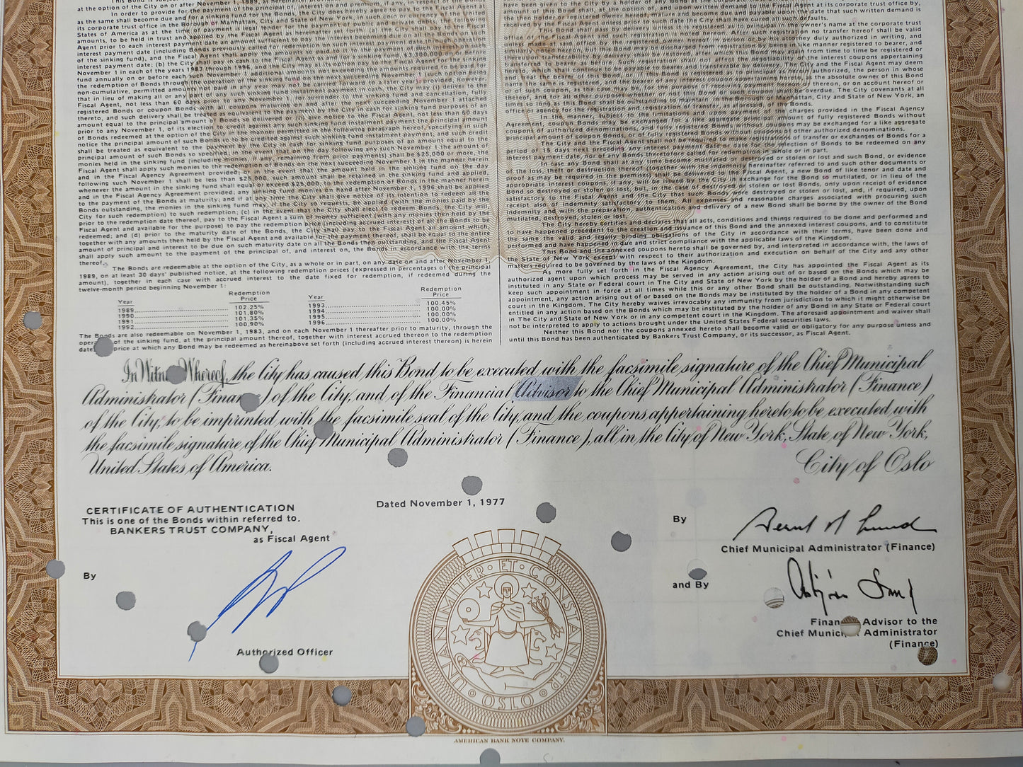 Historische Anleihe City of Oslo 1977 1K$ Bond Norwegen Scripophily