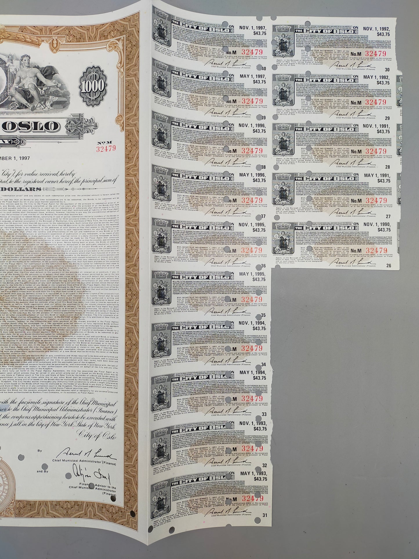 Historische Anleihe City of Oslo 1977 1K$ Bond Norwegen Scripophily
