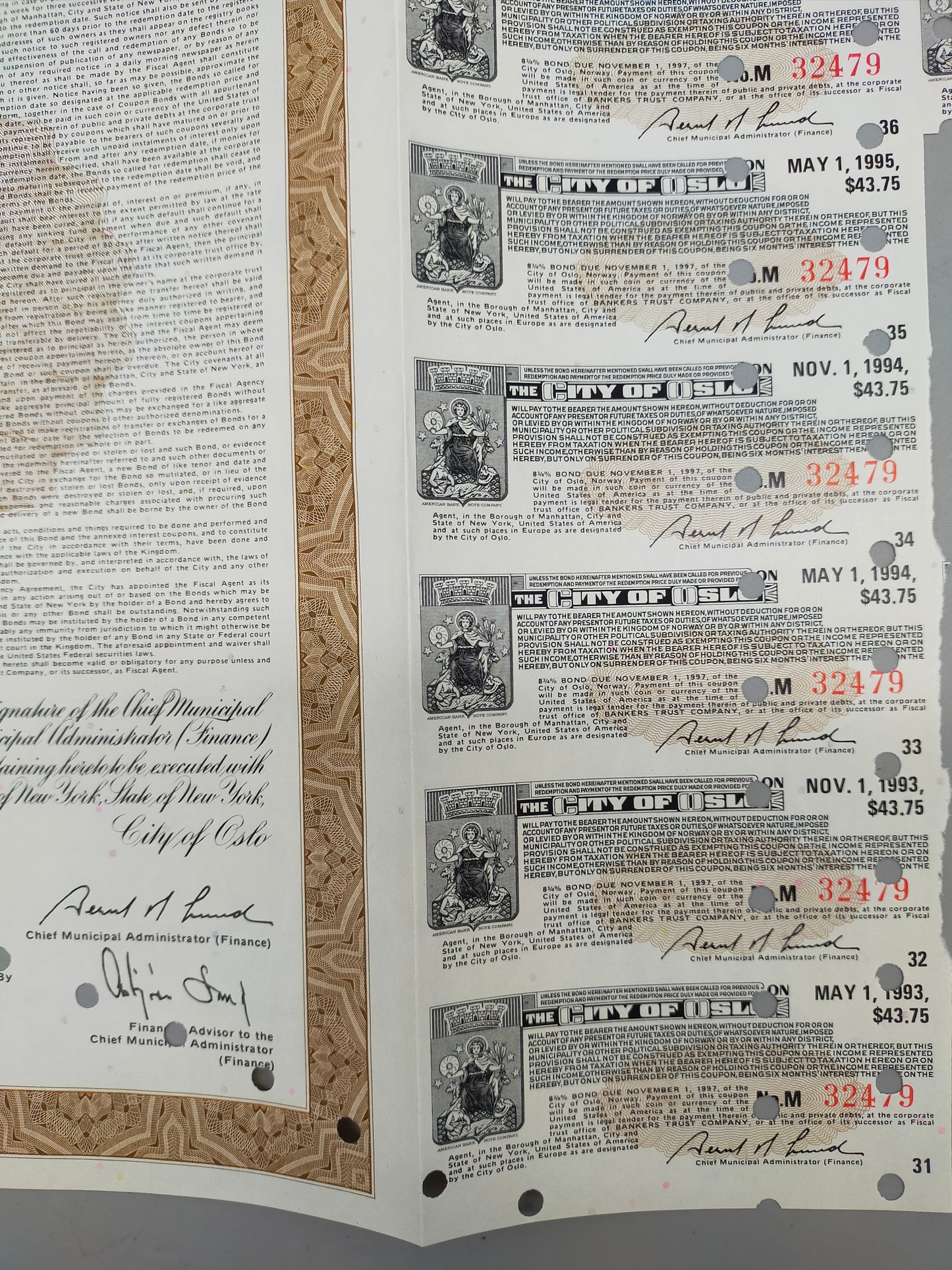 Historische Anleihe City of Oslo 1977 1K$ Bond Norwegen Scripophily