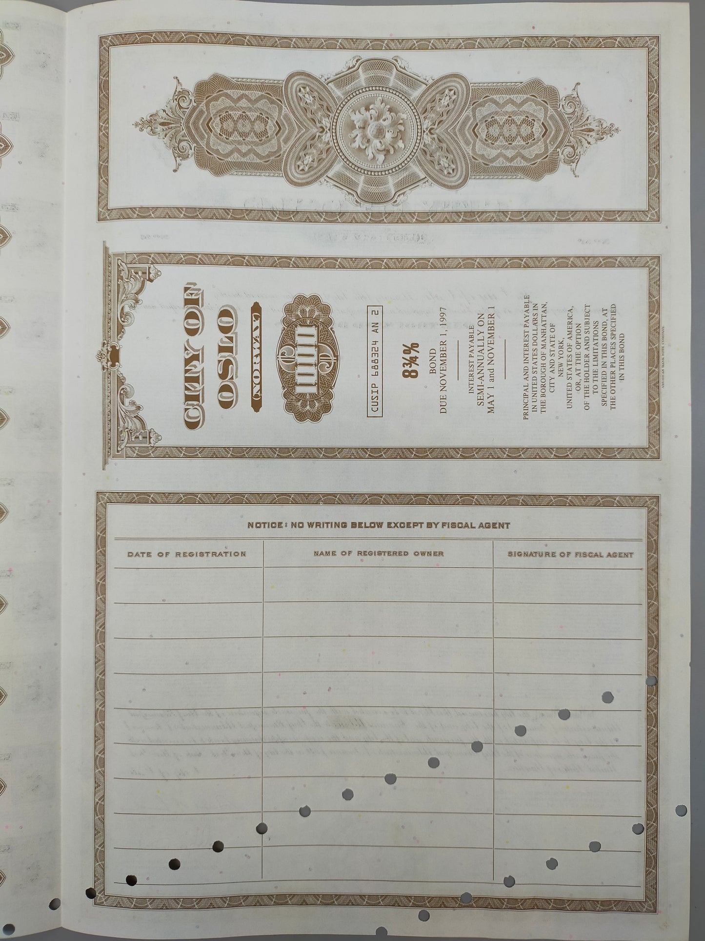 Historische Anleihe City of Oslo 1977 1K$ Bond Norwegen Scripophily