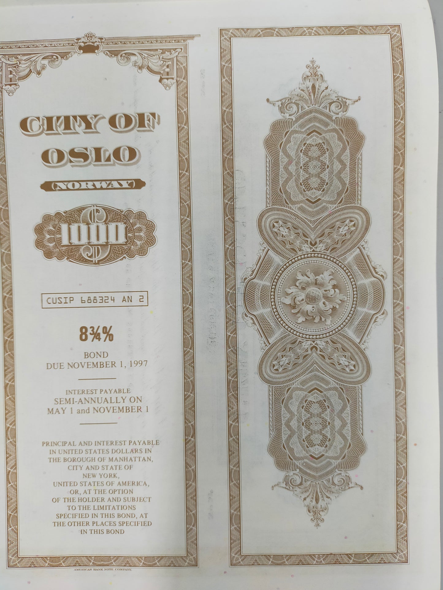 Historische Anleihe City of Oslo 1977 1K$ Bond Norwegen Scripophily