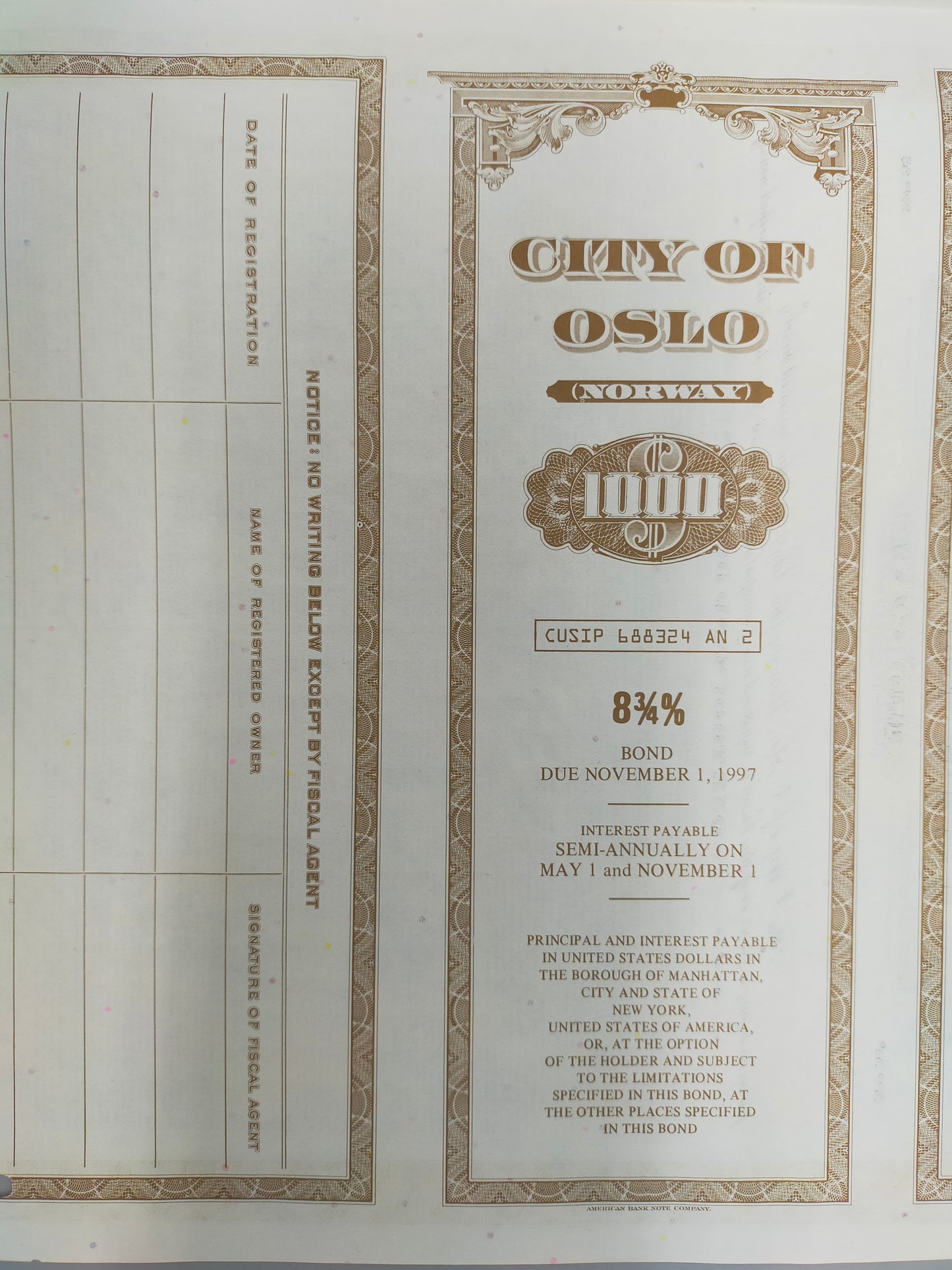 Historische Anleihe City of Oslo 1977 1K$ Bond Norwegen Scripophily