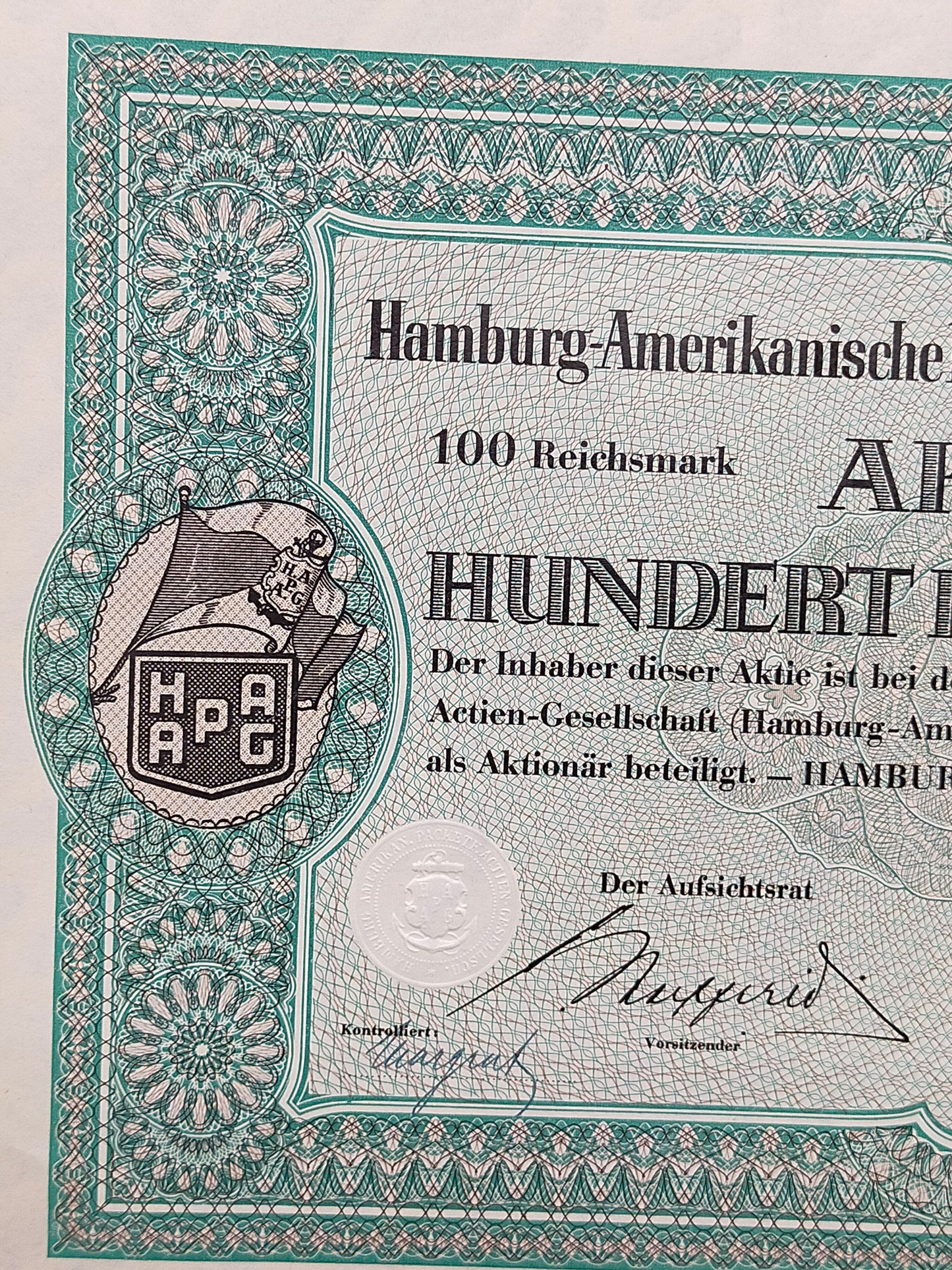 Historische HAPAG Aktie 100 Reichsmark Hamburg-Amerika Linie 1936
