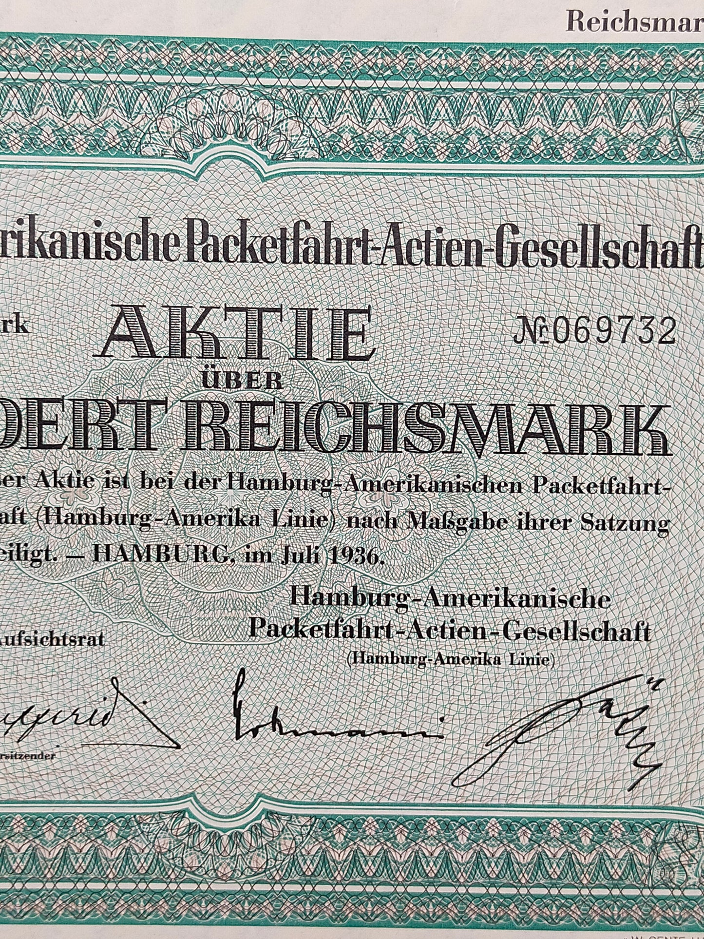 Historische HAPAG Aktie 100 Reichsmark Hamburg-Amerika Linie 1936