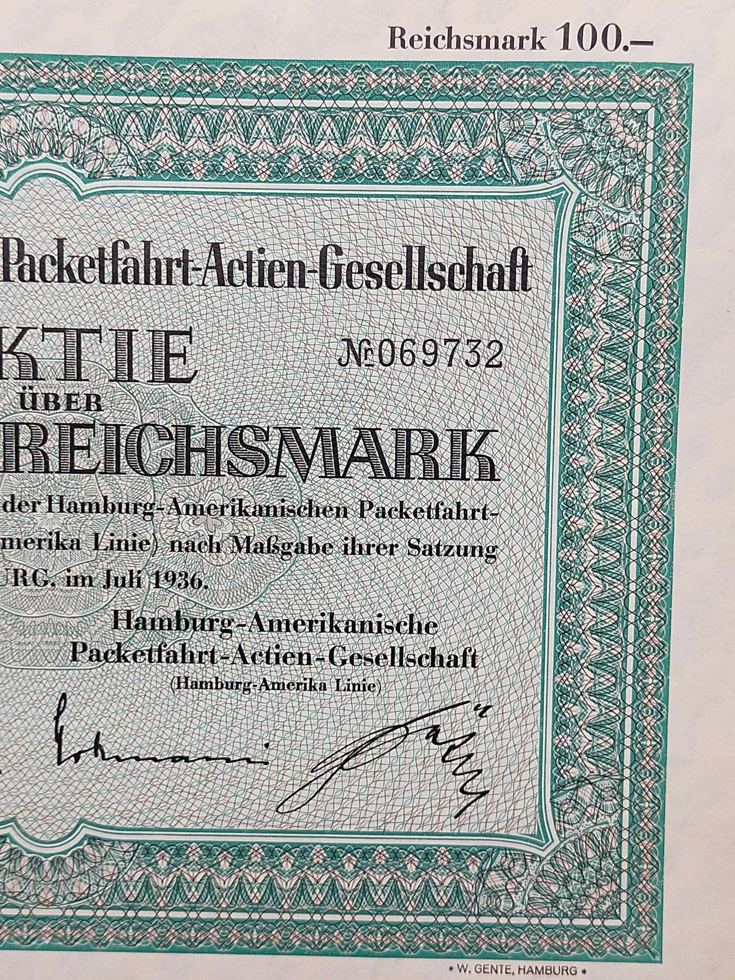 Historische HAPAG Aktie 100 Reichsmark Hamburg-Amerika Linie 1936