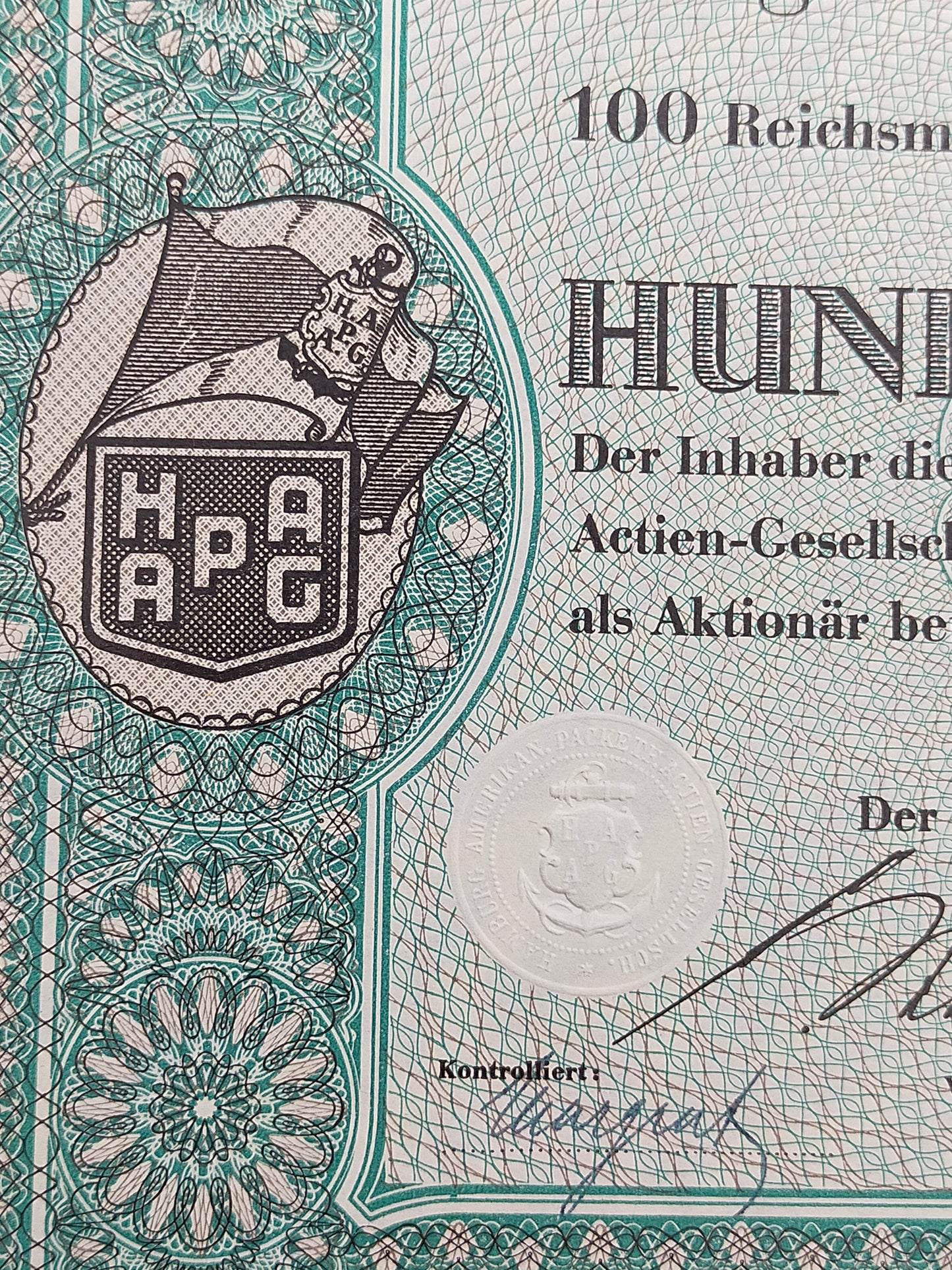 Historische HAPAG Aktie 100 Reichsmark Hamburg-Amerika Linie 1936
