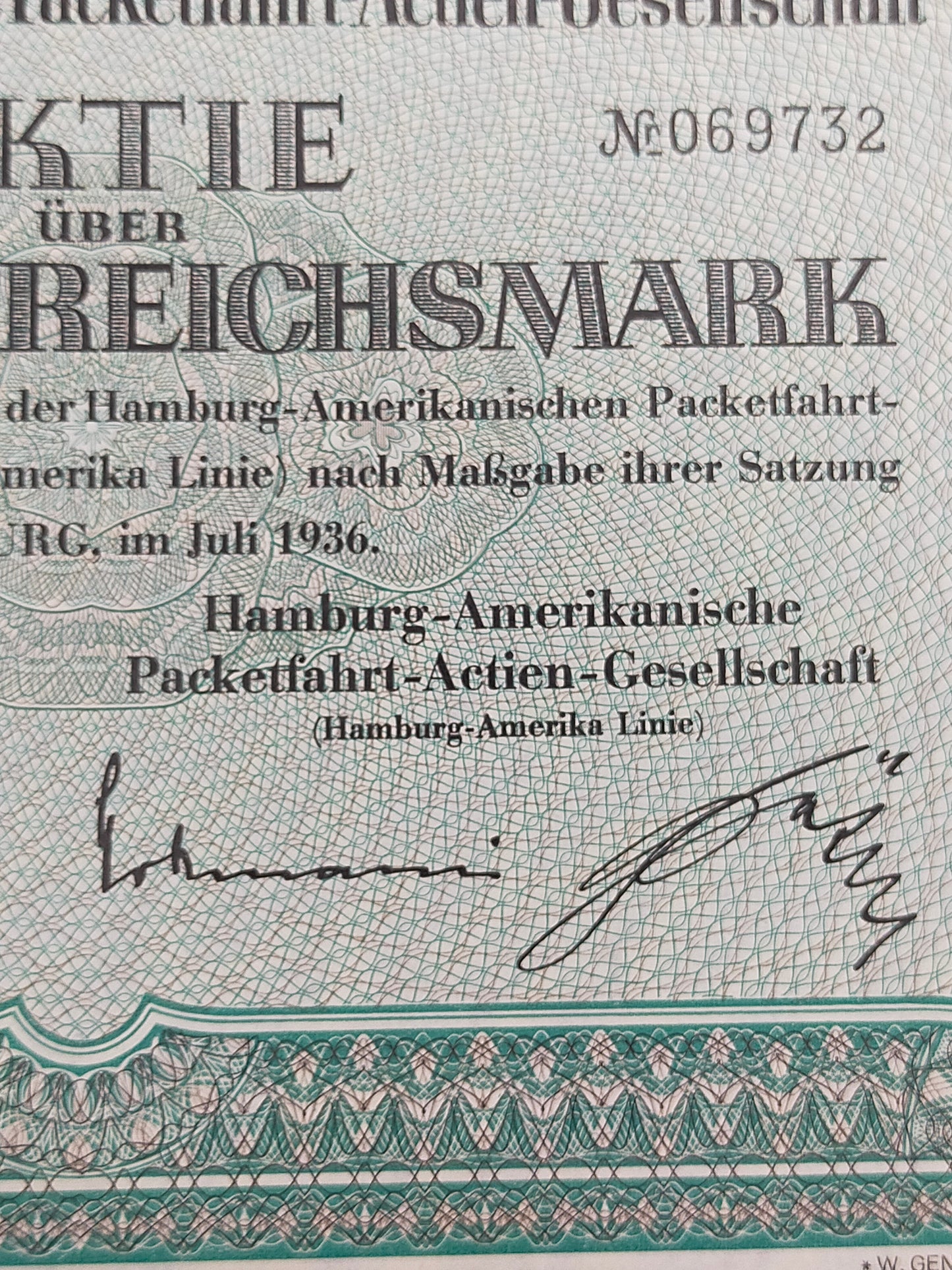 Historische HAPAG Aktie 100 Reichsmark Hamburg-Amerika Linie 1936
