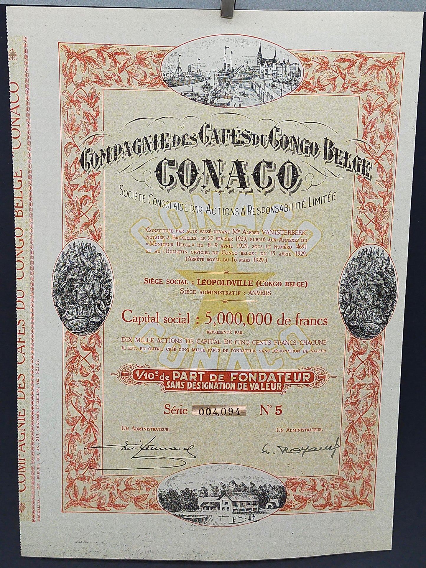 Historische Aktie CONACO 1929 Compagnie des Cafés du Congo Belge