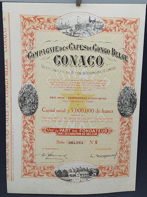 Historische Aktie CONACO 1929 Compagnie des Cafés du Congo Belge